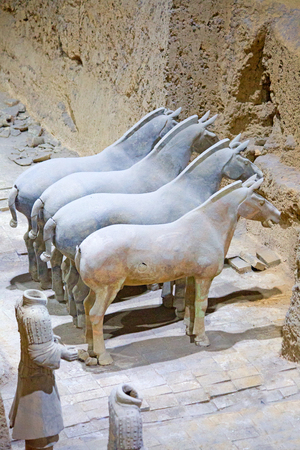 XIAN, CHINA - October 8, 2017: Famous Terracotta Army in Xi'an, China. The mausoleum of Qin Shi Huang, the first Emperor of China contains collection of terracotta sculptures of armored men and horses.のeditorial素材