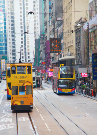 HONG KONG - APRIL 02: Unidentified people using tram in Hong Kong on April 02, 2017. Hong Kong tram is the only in the world run with double deckers and one of the main tourist attractions.のeditorial素材