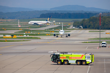 ZURICH - September 08:  Planes preparing for take off at Terminal A of Zurich Airport on September 8, 2018 in Zurich, Switzerland. Zurich airport is home port for Swiss Air and one of the european hubs.のeditorial素材