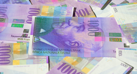 Collection of the Swiss 1000 franks banknotes. 1000 franks note issued by Swiss National Bank (SNB)...