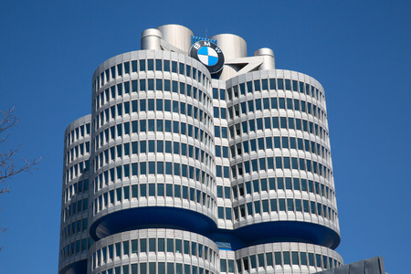MUNICH - GERMANY April 20, 2019: Headquarter and museum of famous car maker BMW in Munich, Germany.のeditorial素材