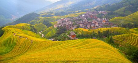 The Longsheng Rice Terraces(Dragon's Backbone) also known as Longji Rice Terraces are located in Longsheng County, about 100 kilometres (62 mi) from Guilin, Guangxi, Chinaの写真素材