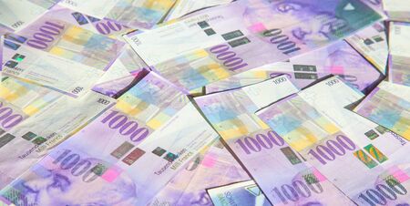 Collection of the Swiss 1000 franks banknotes. 1000 franks note issued by Swiss National Bank (SNB)...
