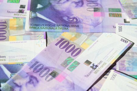 Collection of the Swiss 1000 franks banknotes. 1000 franks note issued by Swiss National Bank (SNB)...