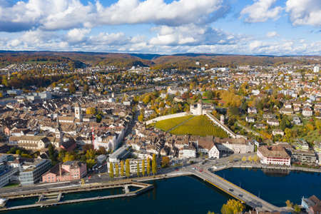 Aeria vew of the autumn landscape around Rhine river and famous Munot fortifiction. Schaffhausen, Switzerland.のeditorial素材