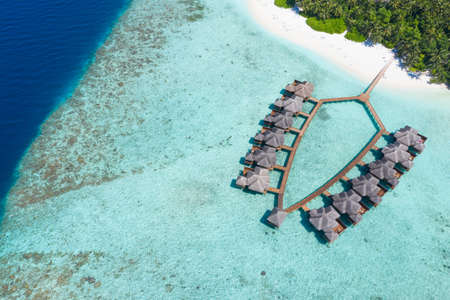 Small island in the Maldives covered by palms and surrounded by turquoise blue waters with with beautiful corals and animals, perfect escape from the cold winterのeditorial素材