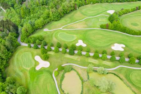 golf ball on the green grass of the golf courseの写真素材