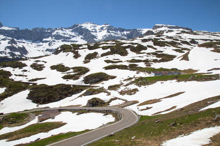 Klausenpass - mountain road connecting cantons Uri and Glarus in swiss alpsの写真素材