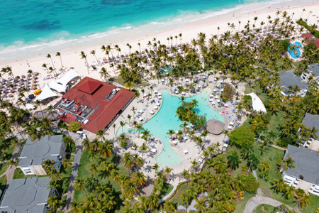 Aerial view of the famous Bavaro beach near Punta Cana, Dominican republicの写真素材