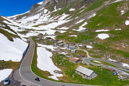 Klausenpass - mountain road connecting cantons Uri and Glarus in swiss alpsの写真素材