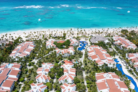 Aerial view of the famous Bavaro beach near Punta Cana, Dominican republicの写真素材