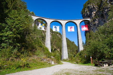 Famous Wiesener viaduct on the train line Davos -  Filisur in the swiss alpsのeditorial素材