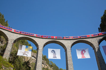 Famous Wiesener viaduct on the train line Davos -  Filisur in the swiss alpsのeditorial素材