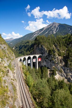 Famous Wiesener viaduct on the train line Davos -  Filisur in the swiss alpsのeditorial素材