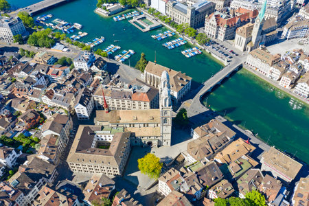 Aerial view of Limmat river and famous Zurich churches. Zurich is important financial center of Switzerland and lovely historical city.の写真素材