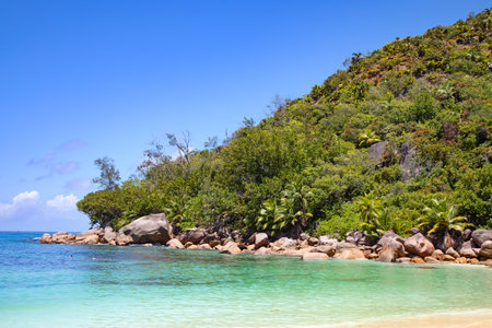 Famous Petite Anse Kerlan beach on the Praslin island, Seychellesの写真素材