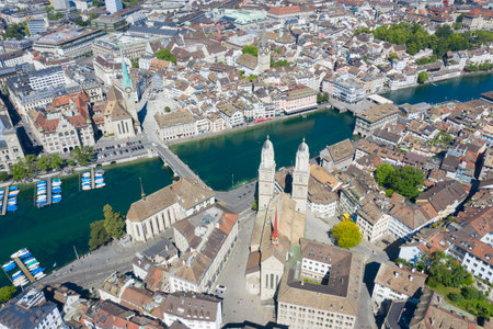 Limmat river and famous Zurich churchesの写真素材