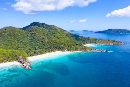 Famous Grand Anse beach on the La Digue island, Seychellesの写真素材