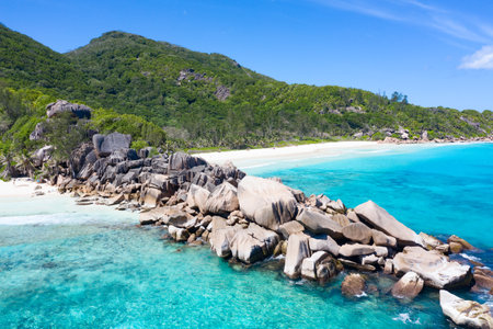 Famous Grand Anse beach on the La Digue island, Seychellesの写真素材