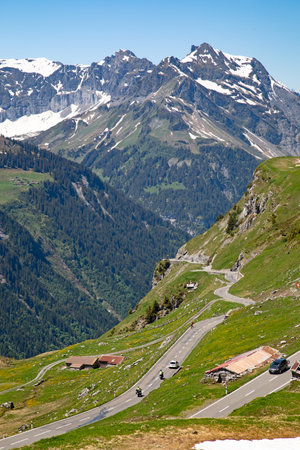 Klausenpass - mountain road connecting cantons Uri and Glarus in swiss alpsの写真素材