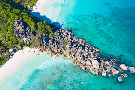 Famous Grand Anse beach on the La Digue island, Seychellesの写真素材