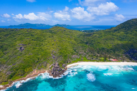 Famous Grand Anse beach on the La Digue island, Seychellesの写真素材