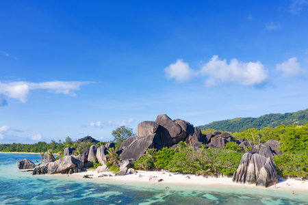 Famous Anse Source D'Argent beach on the La Digue island, Seychellesの写真素材