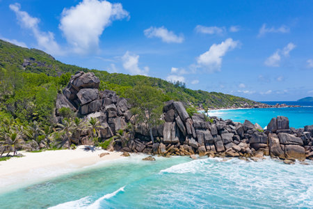 Famous Grand Anse beach on the La Digue island, Seychellesの写真素材