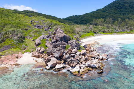 Famous Grand Anse beach on the La Digue island, Seychellesの写真素材