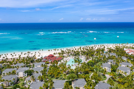 Aerial view of the famous Bavaro beach near Punta Cana, Dominican republicの写真素材