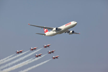 AIR14 Airshow in Payerne Switzerland, Swiss Airbus A330 with Patrouille Suisse demo 09/06/2014