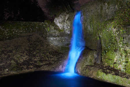 Light Painting Waterfall at night. Linner Waterfallの写真素材