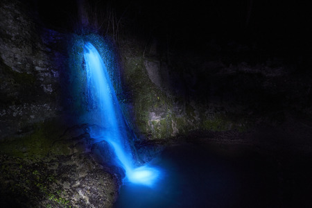 Light Painting Waterfall at night. Linner Waterfallの写真素材