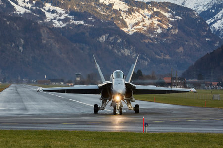 Swiss Air Force F / A-18 Hornet Air Patrol during WEF 2018, Meiringen Airbaseのeditorial素材