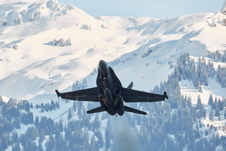 Take Off F / A-18 C Hornet during WEF 2018 at Meiringen Airbaseのeditorial素材