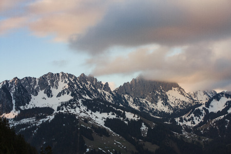 Sunrise over Gastlosen Friborg at Jaun, Swiss alpsの写真素材