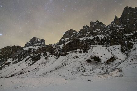 Winter night landscape Urnerboden in Switzerlandの写真素材