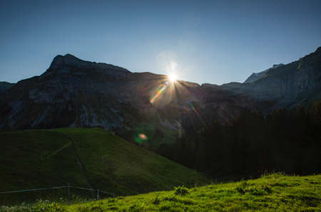 Sunrise and Day at lake Waldisee in Muotathal Schwyz in Switzerlandの写真素材