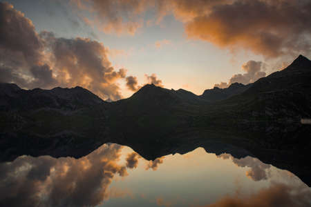 Sunset landscapes and lakes at Lago del Naret region in Ticino Switzerlandの写真素材