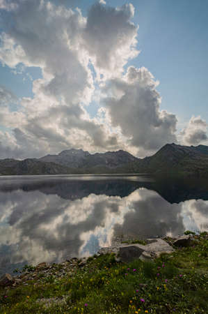 Sunset landscapes and lakes at Lago del Naret region in Ticino Switzerlandの写真素材