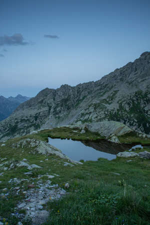 Sunset landscapes and lakes at Lago del Naret region in Ticino Switzerlandの写真素材