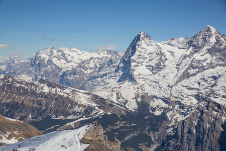 Piz Gloria Schilthorn mountain view around Eiger, Moench, Jungfrau and Bernese Oberland Switzerland in winterの写真素材