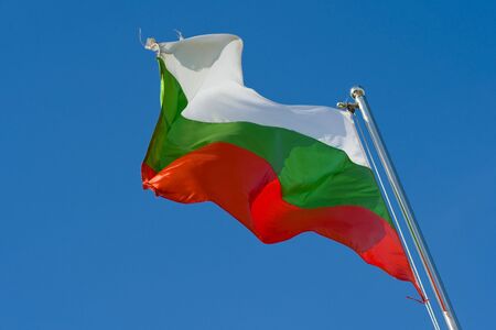bulgarian flag on a pole against blue skyの写真素材