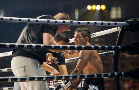 BANGKOK, THAILAND - AUGUST 29, 2010: English thaiboxing world champion Liam Harrison in an...