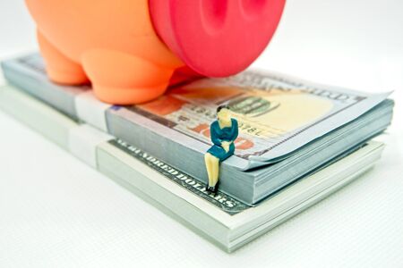 Piggy bank with a figure of woman sitting in front of it and on top of a wad of hundred dollar bills...