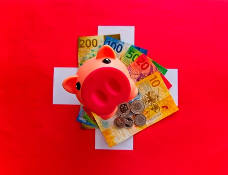 Swiss currency, Swiss franc.Photo of a piggy bank looking up on top of a wad of swiss bills on a swiss flagの写真素材