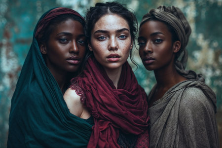 Portrait Of Three Women In Headscarves Embracing Diversityの素材