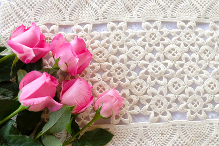 Rose on crochet lace backgroundの写真素材