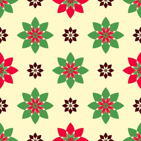 seamless pattern of beautiful flowers, red and green flowers on a beige background, vector illustrationのイラスト素材