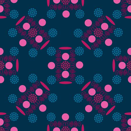 seamless pattern, an unusual pattern of circles, swirls and flowers on to a dark blue background, vector illustrationのイラスト素材